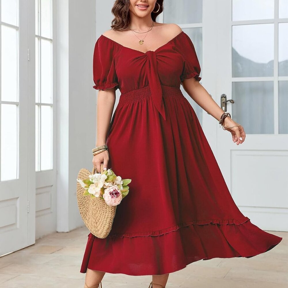 Women’s Plus Size Summer Maxi Dress V Neck Short Sleeve Boho Casual - Picture 2 of 6